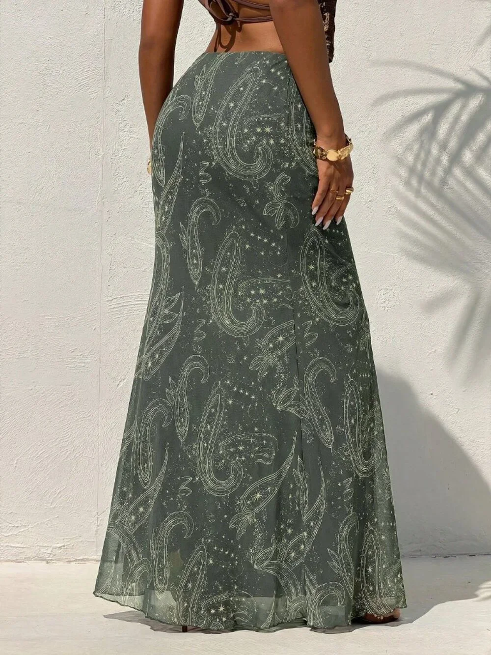 Olive Green Boho Women's Elegant Ruched Low Waist Mermaid Skirt